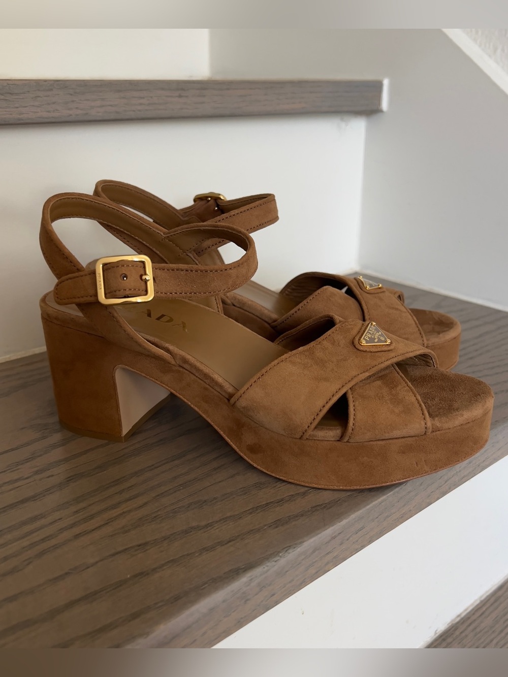 Prada Triangle Suede Platform Sandals in Camel Brown NWOB - Picture 5 of 12